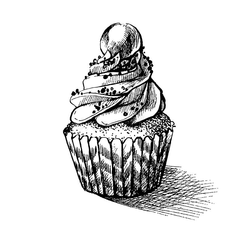 Vector black and white sketch illustration of cute creamy sweet cupcake. can be used for greeting cards or party invitations.