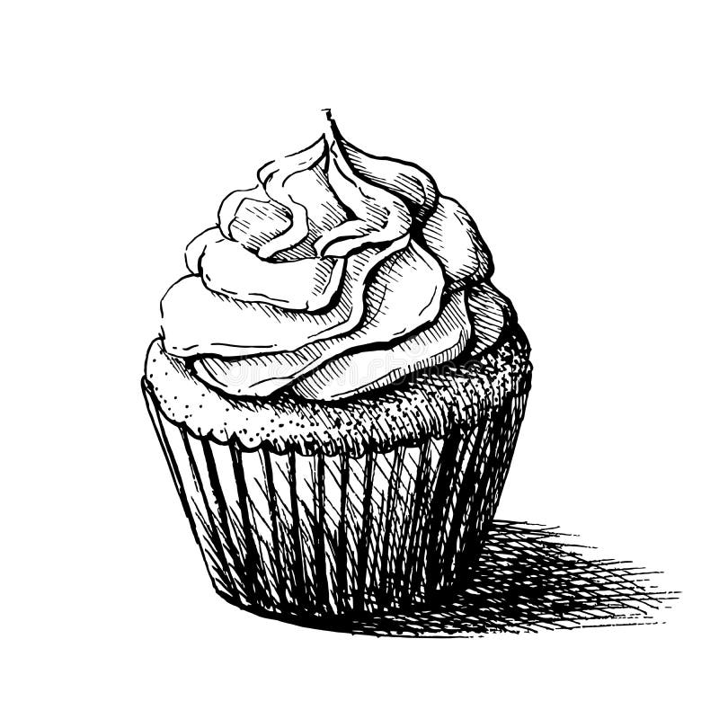 Vector black and white sketch illustration of cute creamy sweet cupcake. can be used for greeting cards or party invitations