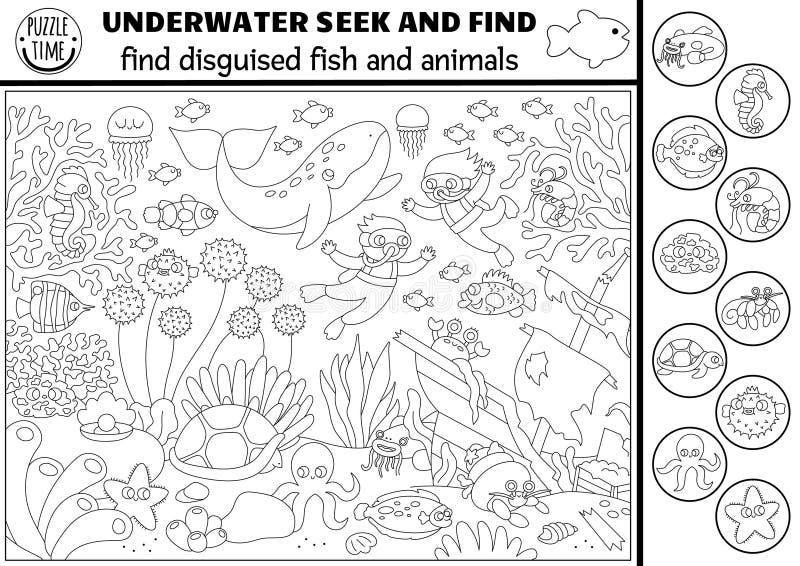 Vector black and white under the sea searching game with sea landscape, divers. Spot hidden fish. Simple ocean life seek and find