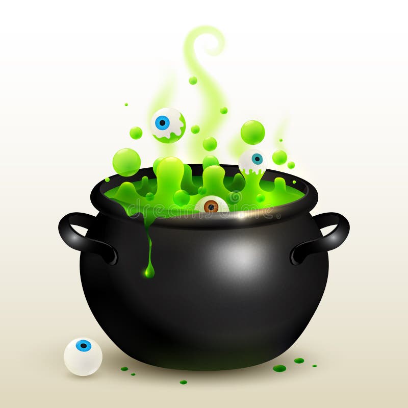 Vector black witches cauldron with green potion. 