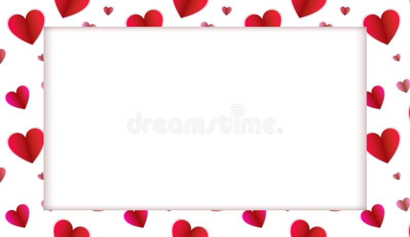 Vector blank frame template with a paper art style hearts, white background with a red heart shapes, shadow.