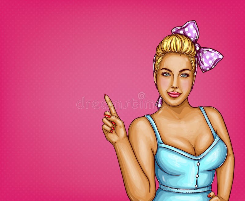 Vector blonde overweight woman on pink dotted background, pop art plus size model pointing a finger at discounts, sale