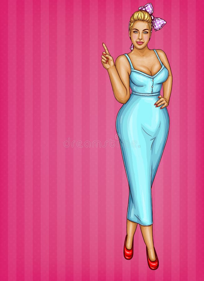 Vector blonde overweight woman on pink striped background, pop art plus size model pointing a finger at discounts, sale