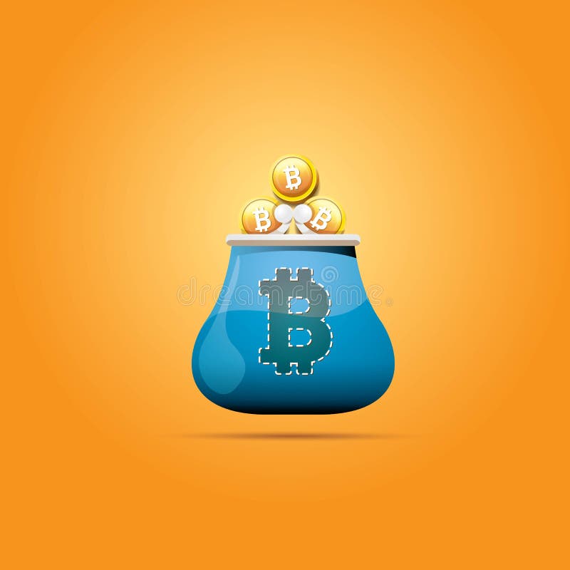 Vector Blue Bitcoin Wallet with Coins Isolated on Orange Background