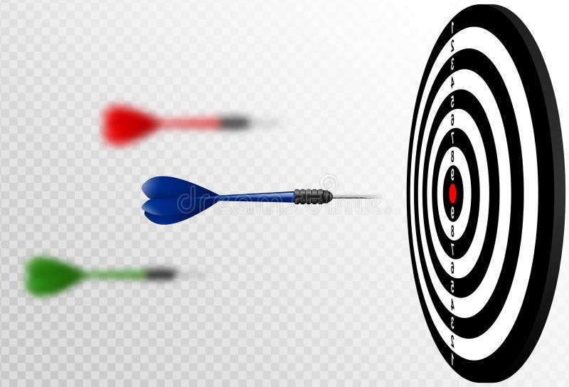 Vector blue dart arrows flying to target dartboard. Metaphor to target success, winner concept. Isolated on white transparent royalty free illustration
