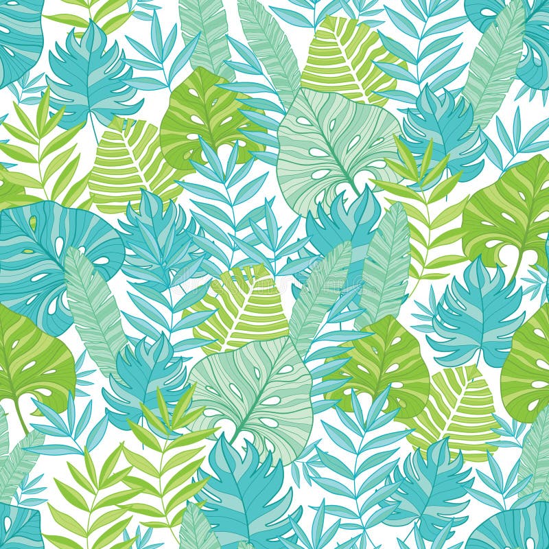 Vector blue green tropical leaves summer hawaiian seamless pattern with tropical plants and leaves on navy blue royalty free illustration