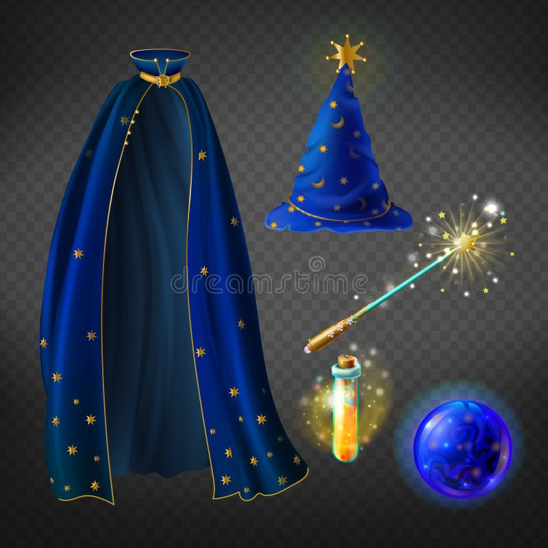Vector blue wizard costume, set with accessories