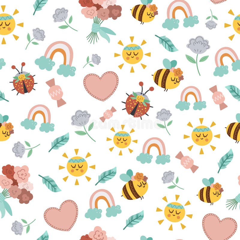 Vector Boho Ornament. Bohemian Seamless Pattern with Kawaii Sun ...