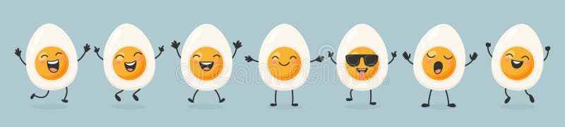 Vector Boiled Half-Egg Character Set - Dancing, Smiling, Happy and Singing with Different Faces and Emotions. Vector vector illustration