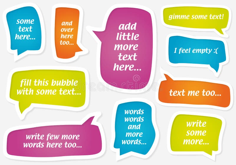 An illustration of pastel speech bubbles in different colors and shapes with text suitable for web or print. An illustration of pastel speech bubbles in different colors and shapes with text suitable for web or print.