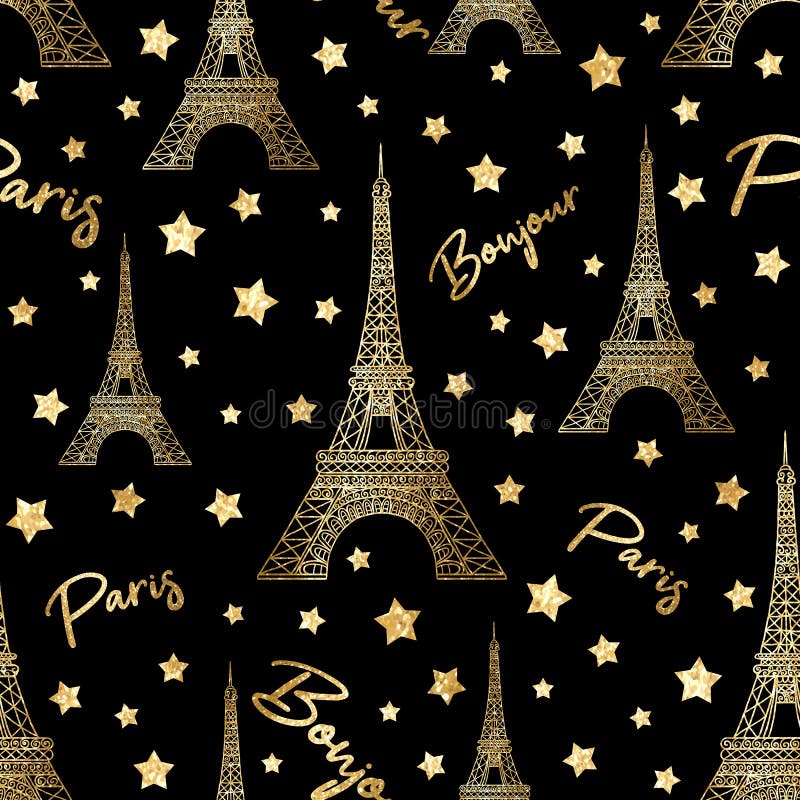Bonjour Paris Seamless Pattern with Gold Glitter Stars and Eiffel Tower.  France Symbol on Black Background Stock Vector - Illustration of historic,  bonjour: 189599069