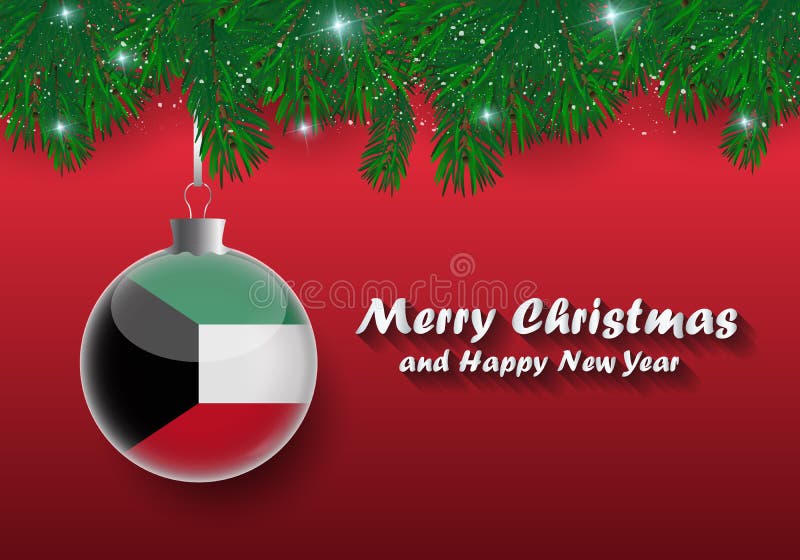 Vector Border of Christmas Tree Branches and Ball with Kuwait Fl Stock Vector Illustration of