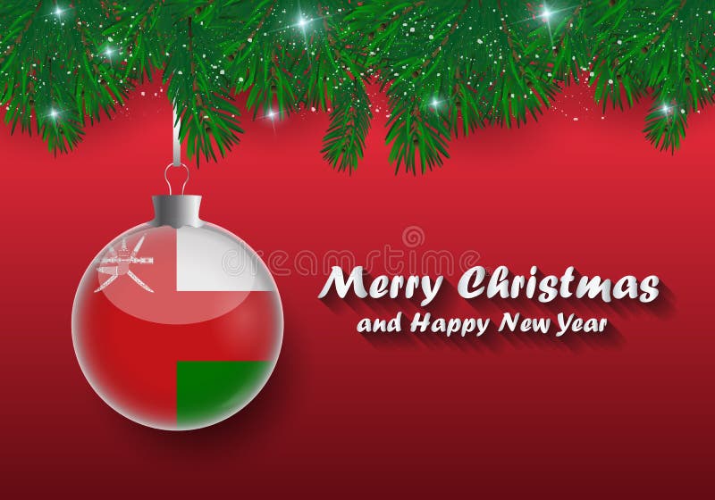 Vector Border of Christmas Tree Branches and Ball with Oman Flag Stock
