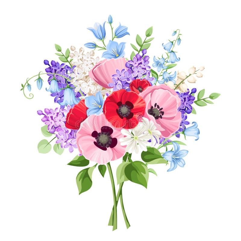Bouquet of Red, Pink and Purple Flowers. Vector Illustration. Stock