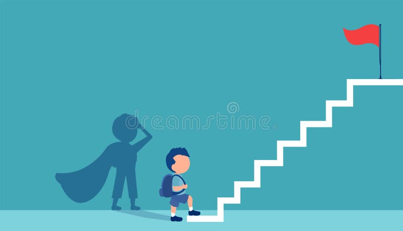Vector of a boy with a super hero shadow climbing up stairs to reach his goal on the top