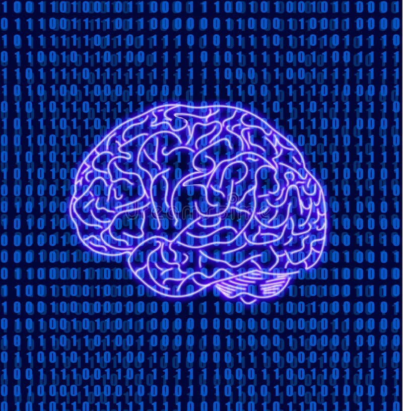 Vector Brain on Matrix Data Binary Code Background, Brain Illustration, Neon Icon. vector illustration
