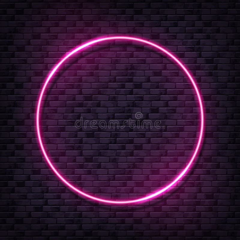 Vector brick wall illustration with pink neon lamp. Glowing circle bulb background royalty free illustration