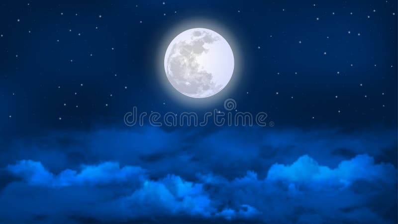 Vector Bright Full Moon and Stars in Cloudy Blue Night Sky