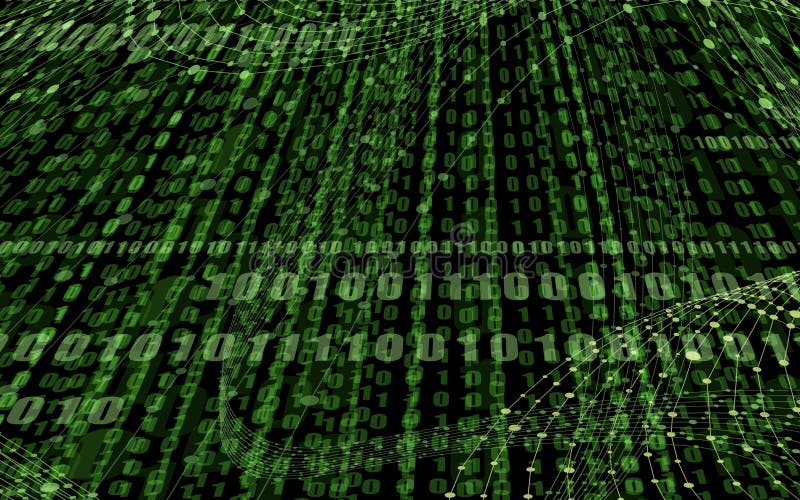 Vector Bright Green Binary Code Background Template, Perspective Illustration, One and Zero Numbers and Connected Dots, Technology Concept.