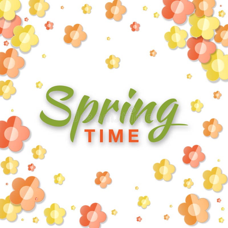 Vector bright green Spring Time typographic calligraphic lettering text on white background with colorful paper flowers. stock illustration Vector bright green Spring Time typographic calligraphic lettering text on white background with colorful paper flowers. stock illustration