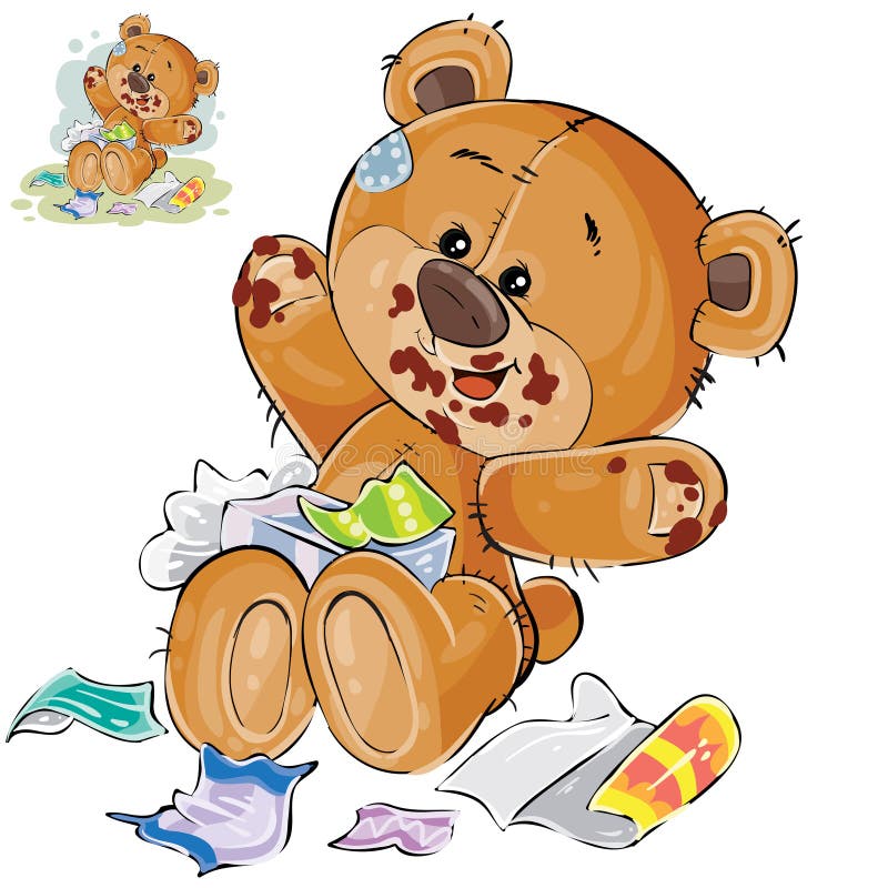 Vector brown teddy bear sweet tooth ate a lot of candy and now sits smeared in chocolate