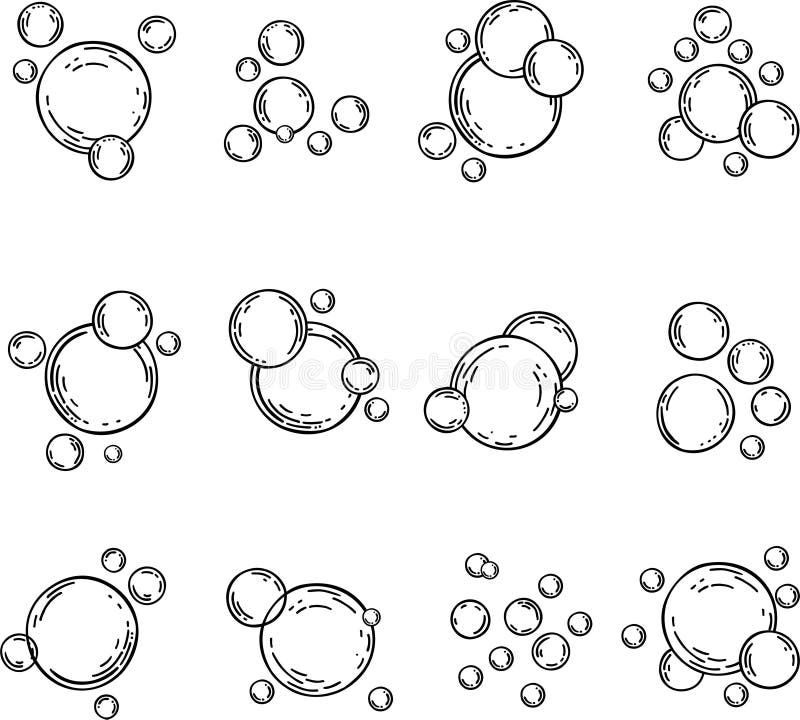 Vector Bubbles Flat Line Icons Set. Soap Foam, Fizzy Drink, Oxygen ...