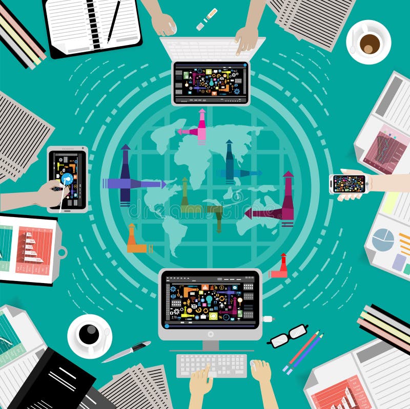 Vector Business communications worldwide by using communications technology, computers, mobile phones, tablet task. stock illustration Vector Business communications worldwide by using communications technology, computers, mobile phones, tablet task. stock illustration