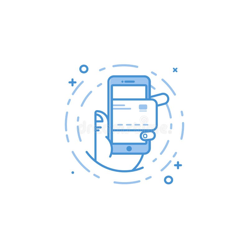 Vector business illustration of blue colors hand and mobile phone with credit card icon stock illustration