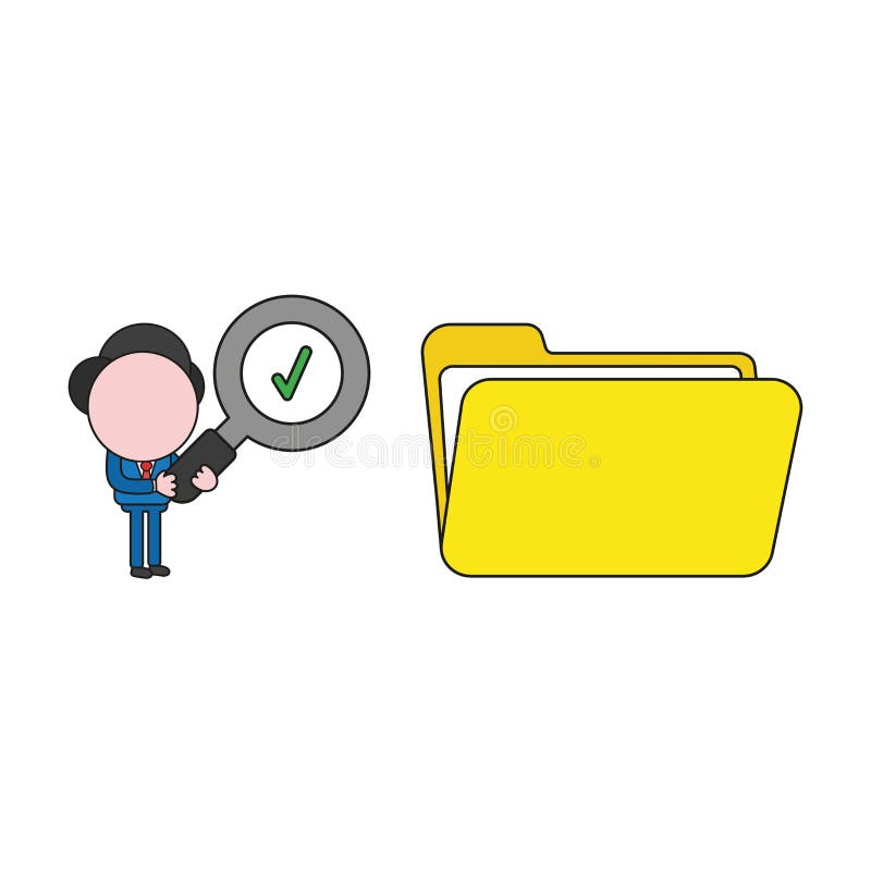 Vector businessman character holding magnifying glass with check mark and looking open file folder. Color and black outlines stock illustration