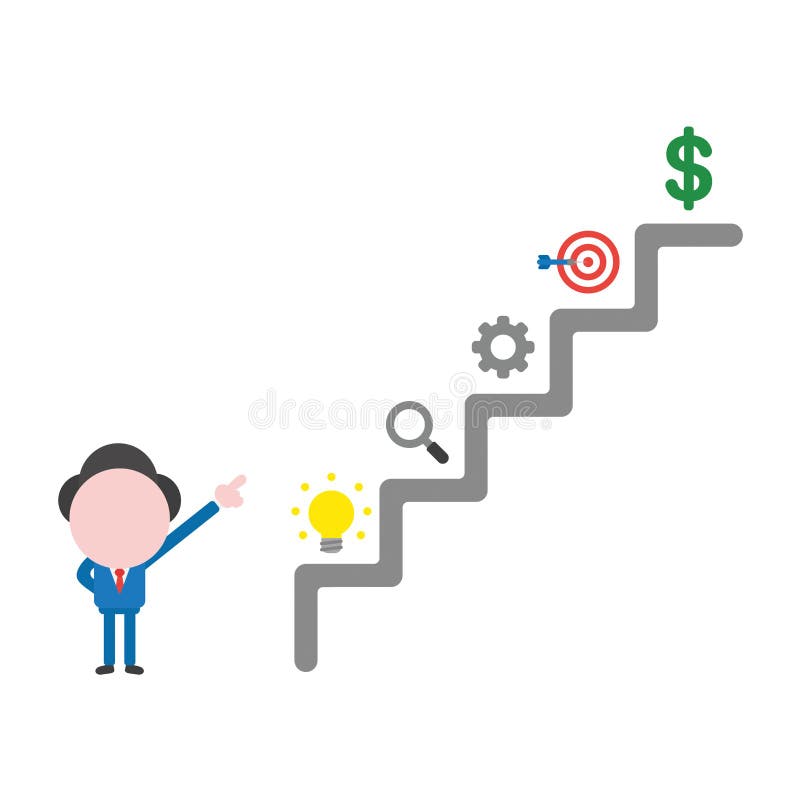 Vector businessman character pointing top of stairs, light bulb,magnifying glass, gear, bulls eye target and dollar money on steps stock illustration Vector businessman character pointing top of stairs, light bulb,magnifying glass, gear, bulls eye target and dollar money on steps stock illustration