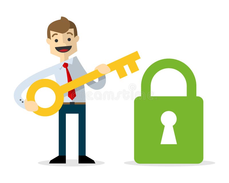 Vector of Businessman holding a key in front of a padlock royalty free illustration Vector of Businessman holding a key in front of a padlock royalty free illustration