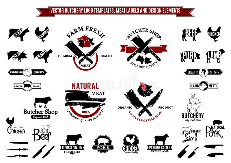 Vector Butchery Logo Templates, Labels, Icons and Design Elements. Lots of butchery design elements for your work stock illustration Vector Butchery Logo Templates, Labels, Icons and Design Elements. Lots of butchery design elements for your work stock illustration