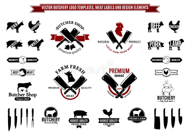Vector Butchery Logo Templates, Labels, Icons and Design Elements. Lots of butchery design elements for your work royalty free illustration Vector Butchery Logo Templates, Labels, Icons and Design Elements. Lots of butchery design elements for your work royalty free illustration
