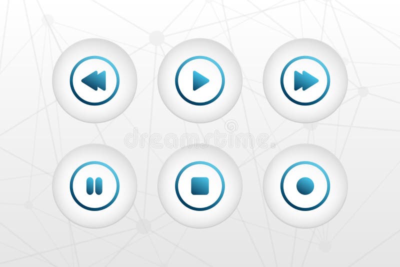 Vector buttons symbols. Play, stop, rewind, forward, pause, record circle signs on triangle abstract backgound. Icons for audio vector illustration