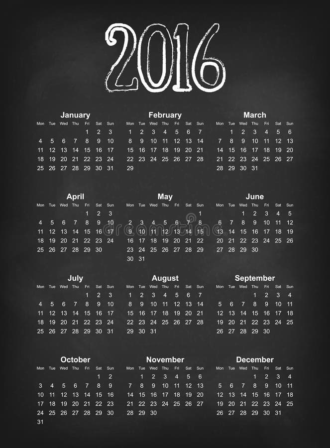 Vector 2016 calendar on black chalk board Europe calendar grid weeks starts on Monday royalty free illustration Vector 2016 calendar on black chalk board Europe calendar grid weeks starts on Monday royalty free illustration