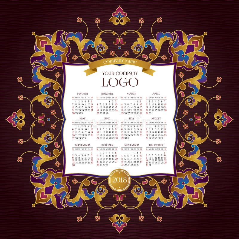 Vector Calendar For 2018 And Golden Decor Stock Illustration