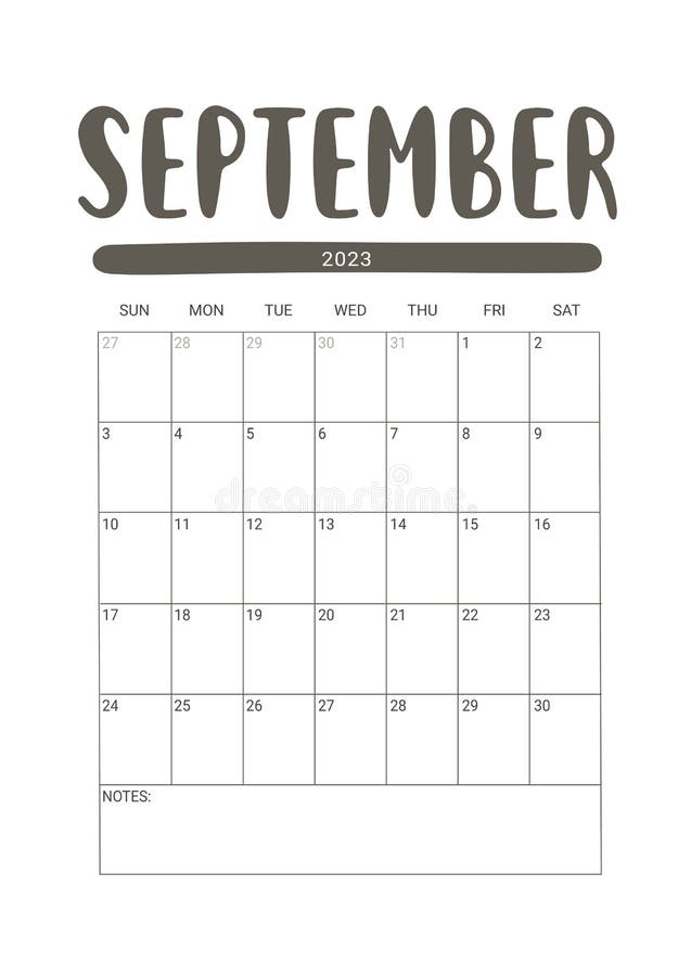 Vector Calendar for September 2023. Stationery Design for Printable