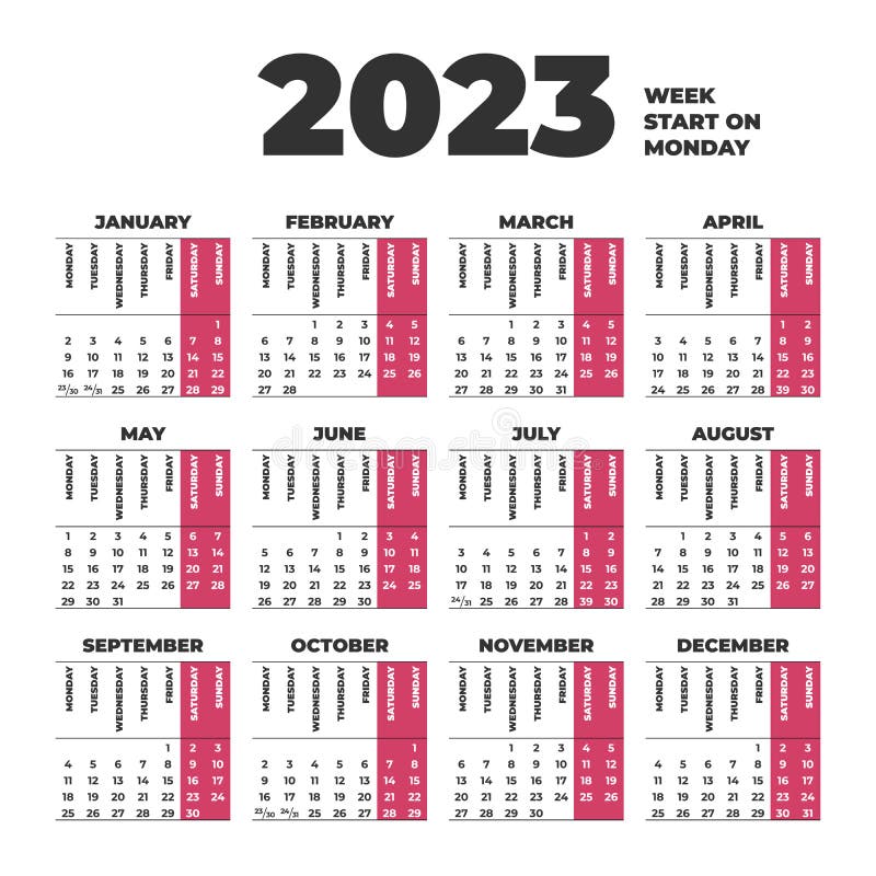2023 Calendar template with weeks start on Monday stock illustration