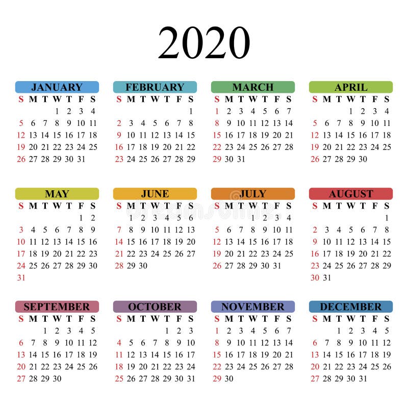 Vector Calendar for 2020 Year. Stock Vector - Illustration of exclusive