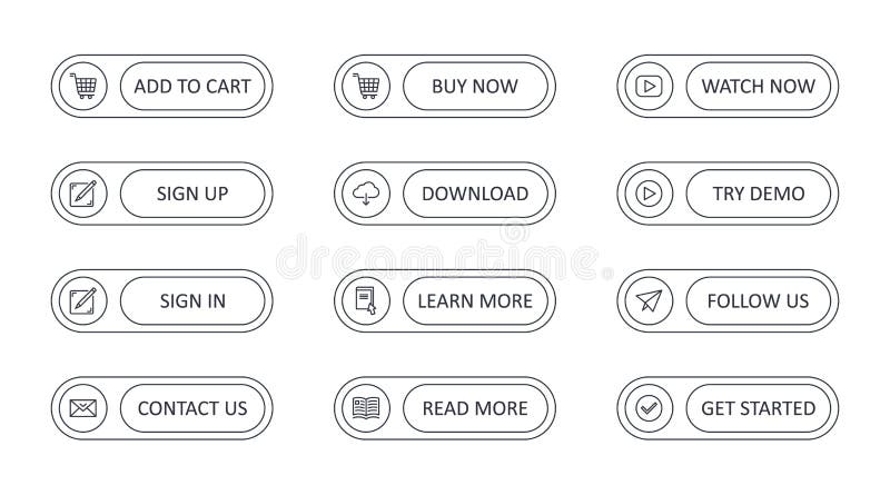 Vector call to action buttons with icons. Add to cart get started watch now. Read more learn more. Contact us follow us download stock illustration