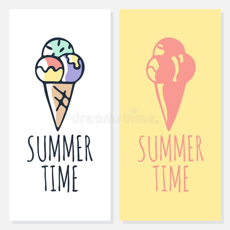 calligraphy illustration Summer time with ice cream icon. Drawn art sign. Lettering typography poster. Funny greetings for.