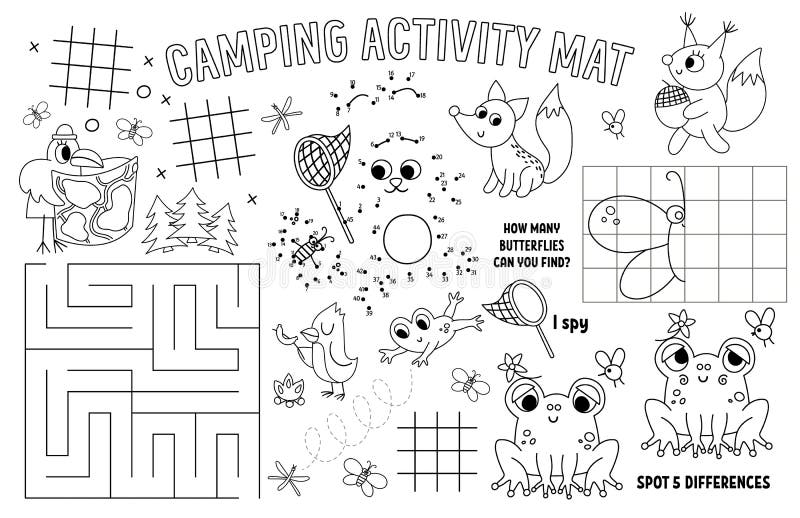 Vector camping placemat for kids. Summer camp holidays printable activity mat with maze, tic tac toe charts, connect the dots, find difference. Black and white play mat or coloring page with animals