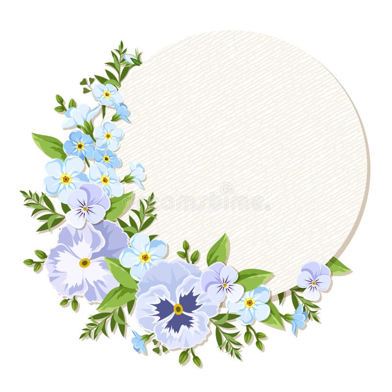 Vector card with blue and purple pansy and forget-me-not flowers. Eps-10.