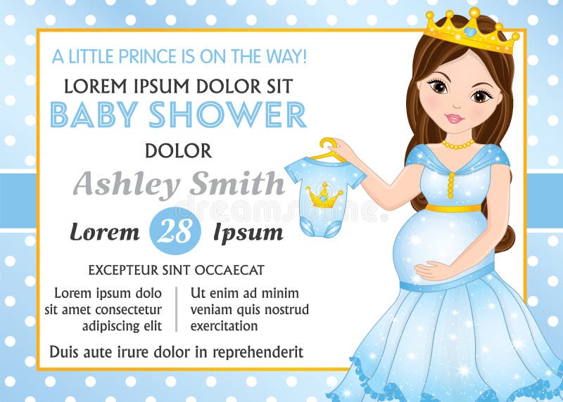 Vector card template with beautiful pregnant woman dressed as princess. Card template for baby boy shower on polka dot background. Vector baby boy shower. Vector illustration. Vector card template with beautiful pregnant woman dressed as princess. Card template for baby boy shower on polka dot background. Vector baby boy shower. Vector illustration