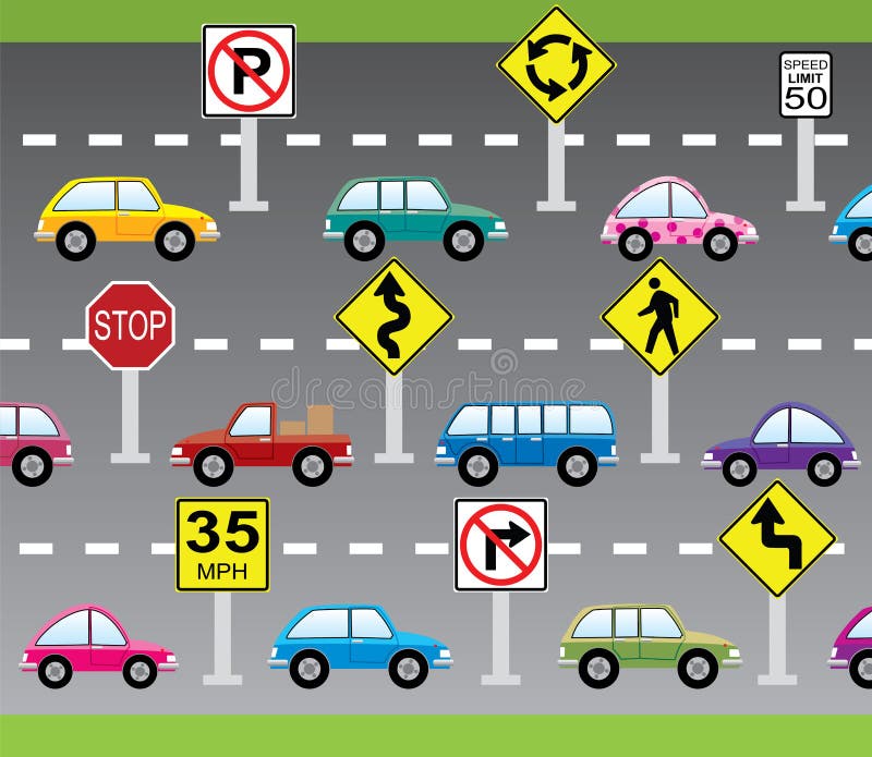 Vector cars and road signs stock illustration