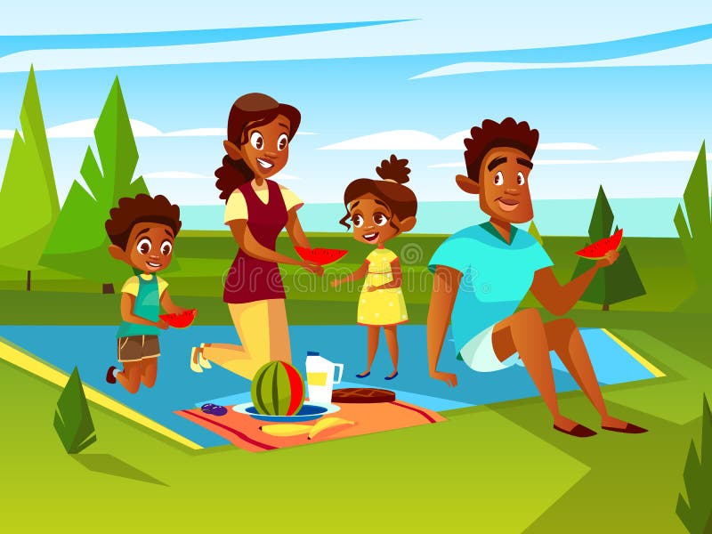 Vector cartoon African family at outdoor picnic party at weekend. Cheerful adult couple - mother and father, boy and girl kids eating watermelon sitting at cover on green grass at park. Vector cartoon African family at outdoor picnic party at weekend. Cheerful adult couple - mother and father, boy and girl kids eating watermelon sitting at cover on green grass at park.