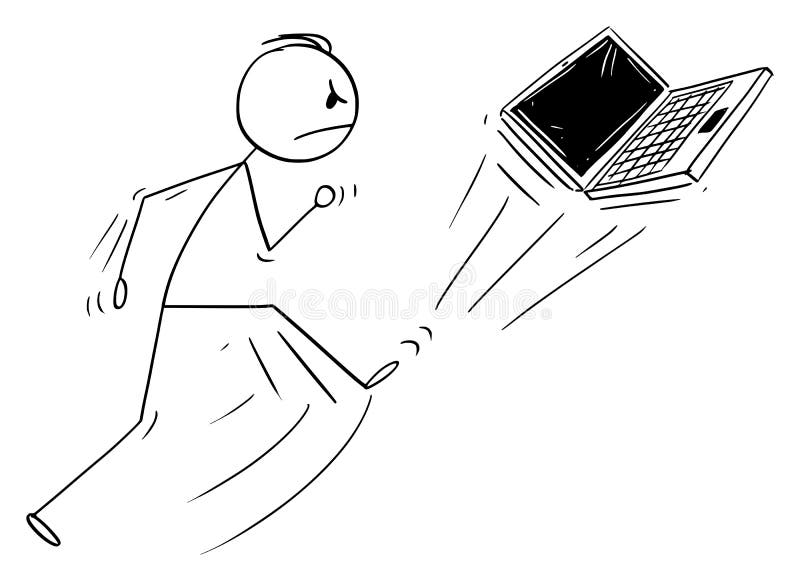 Vector Cartoon of Angry Man Kicking Out the Portable Computer Notebook or Laptop