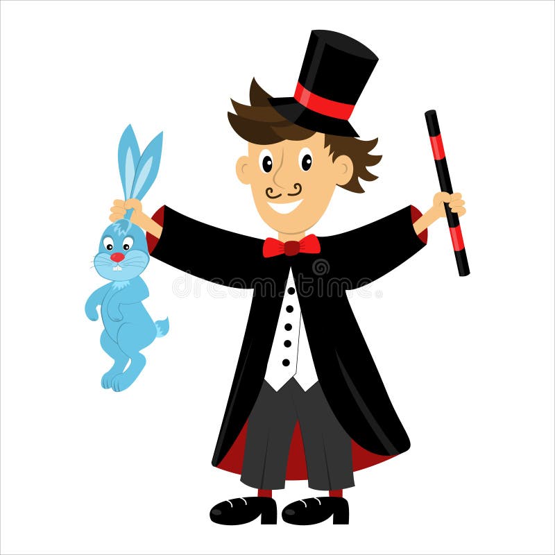 Vector cartoon character magician holding a magic wand and a rabbit stock illustration Vector cartoon character magician holding a magic wand and a rabbit stock illustration