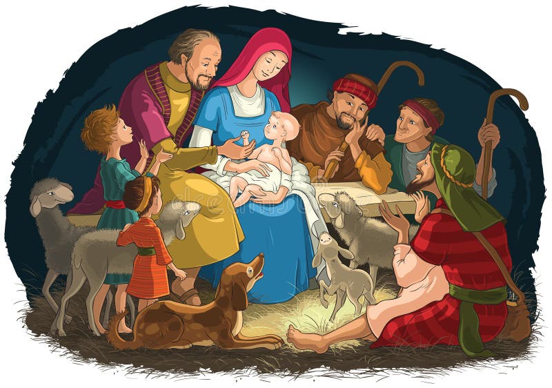 Christmas Nativity Scene with Holy Family - Baby Jesus, Mary, Joseph - and  Shepherds Stock Vector - Illustration of animals, bible: 131936465