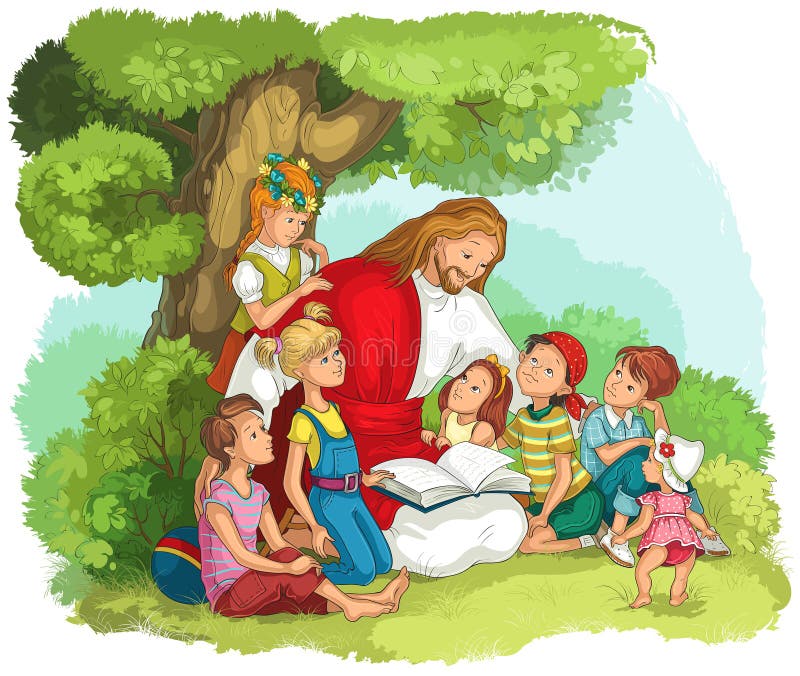 Vector cartoon christian illustration with Jesus Christ and happy children. Vector cartoon christian illustration with Jesus Christ and happy children